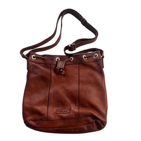 Marta Ponti Bucket Crossbody Adjustable Drawstring Leather Brown Boho Fall - Picture 1 of 13